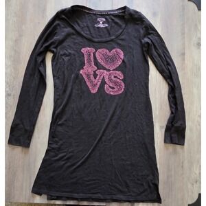 Victoria's Secret Black Long Sleeve Sleep Dress I LOVE VS- Pink Glitter Women S